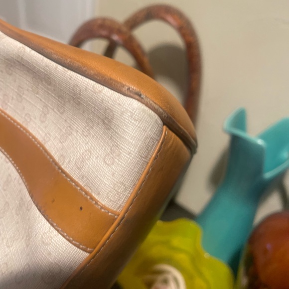 1980S GUCCI BAG GG CANVAS & LEATHER HANDBAG SATCHEL W TOP HANDLES - Picture 7 of 15